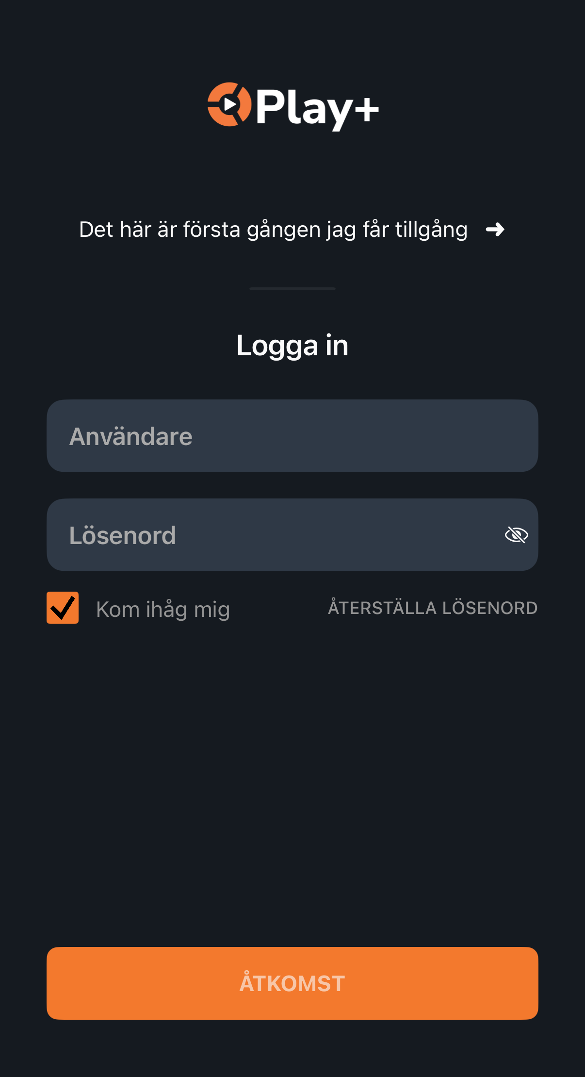 Play+ inloggningsskärm — Det här är första gången jag får tillgång