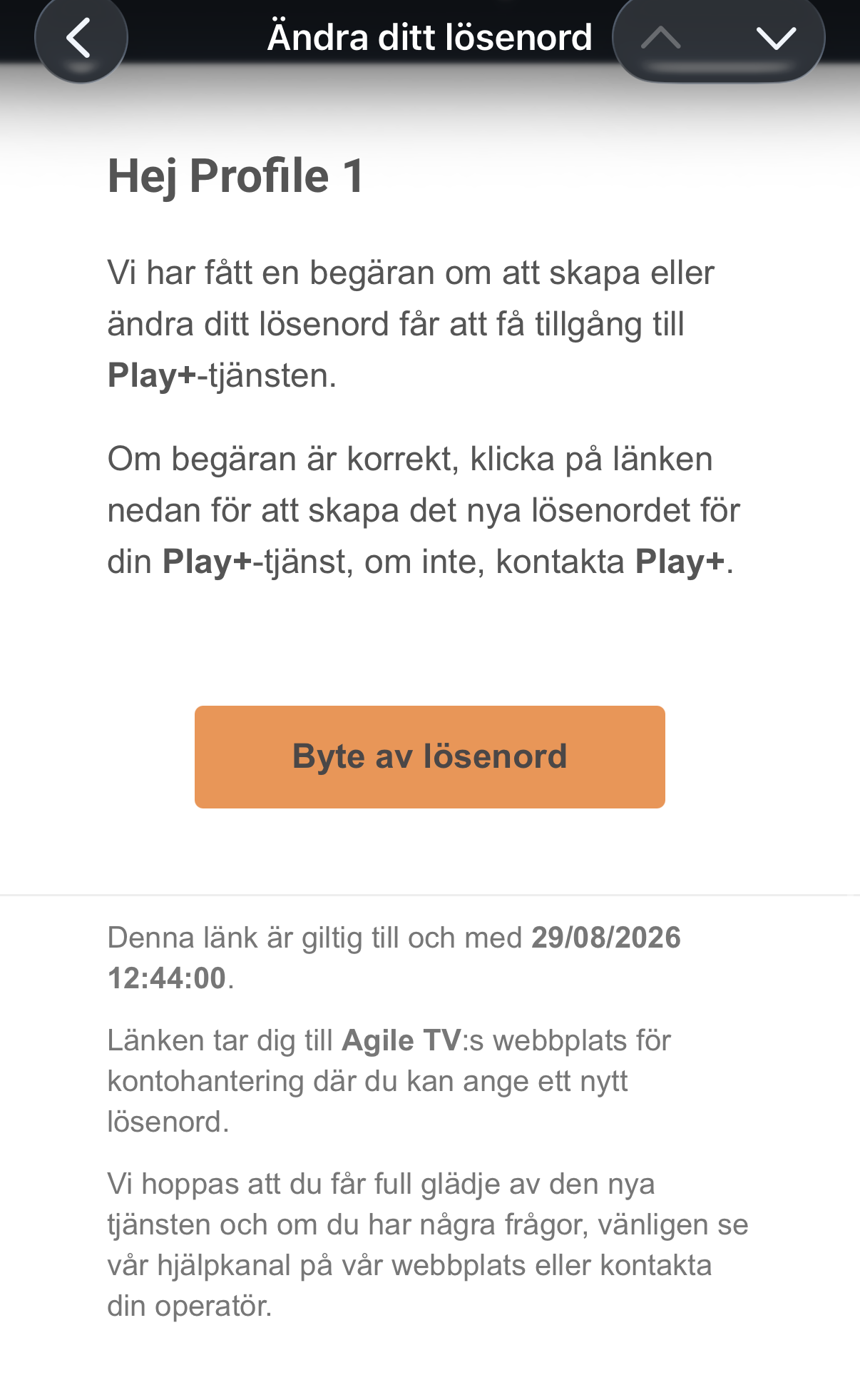 E-postmeddelande med knappen Byte av lösenord
