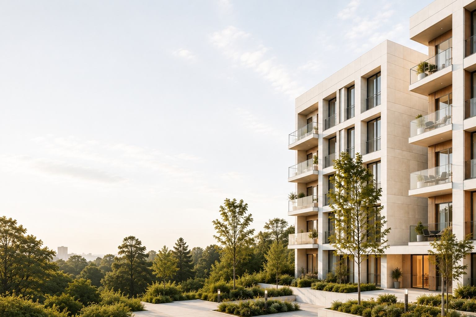 Flerbostadshus omgivet av grönska