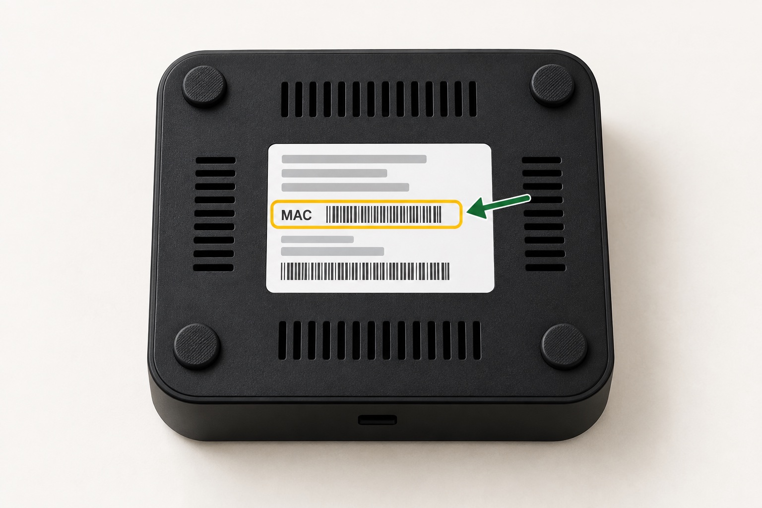 Illustration av en tv-box undersida där MAC-adressen är markerad på etiketten