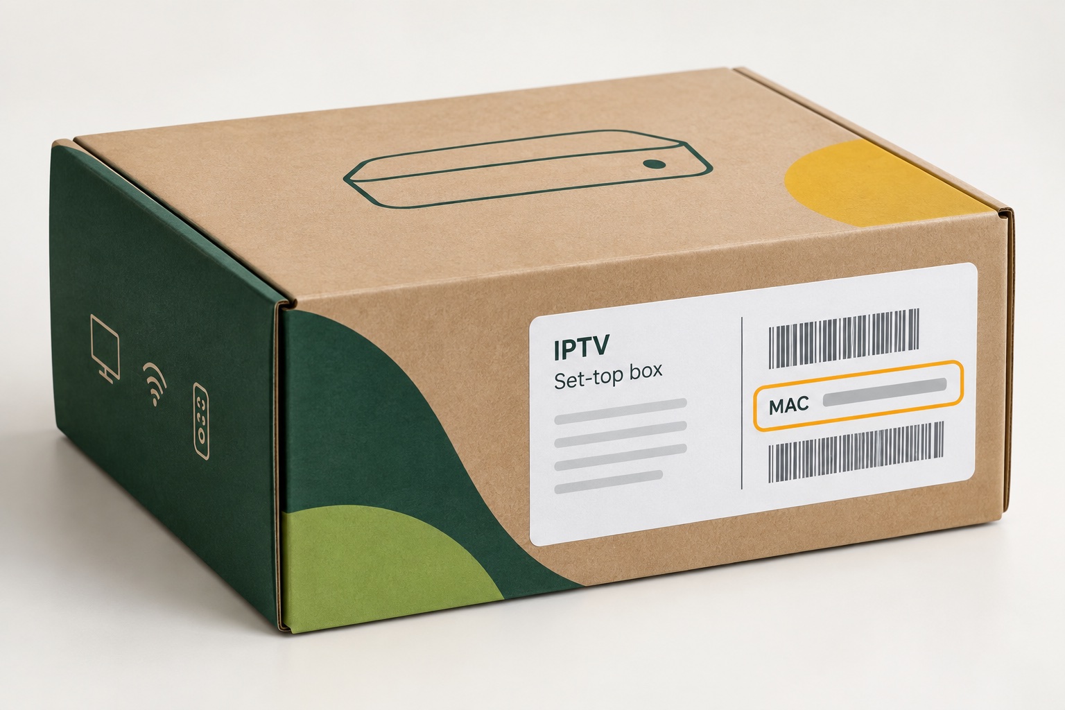 Illustration av en tv-boxkartong där MAC-adressen är markerad på etiketten